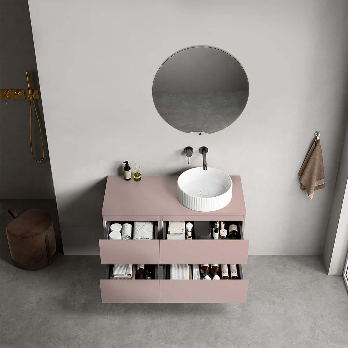 Mobile bagno sospeso reversibile  100 cm Rosa Retrò per Lavabo d'appoggio Specchio Tondo - Fiji Paint