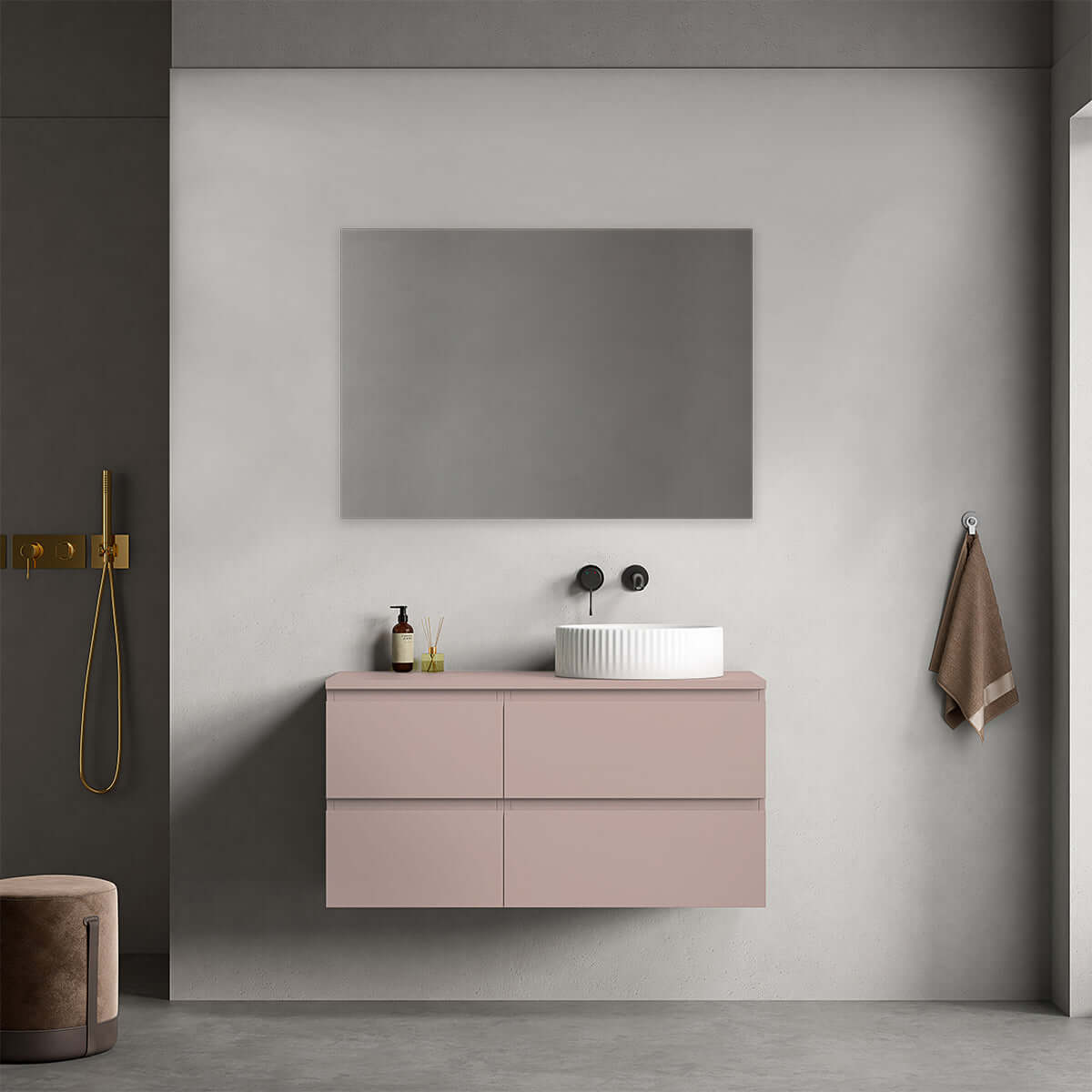 Mobile bagno sospeso reversibile  100 cm Rosa Retrò per Lavabo d'appoggio Specchio Quadro - Fiji Paint
