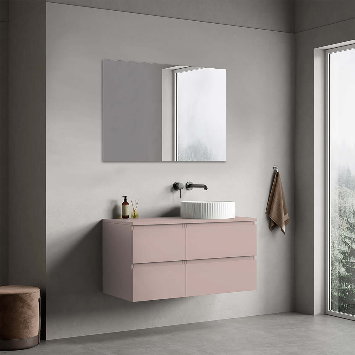Mobile bagno sospeso reversibile  100 cm Rosa Retrò per Lavabo d'appoggio Specchio Quadro - Fiji Paint