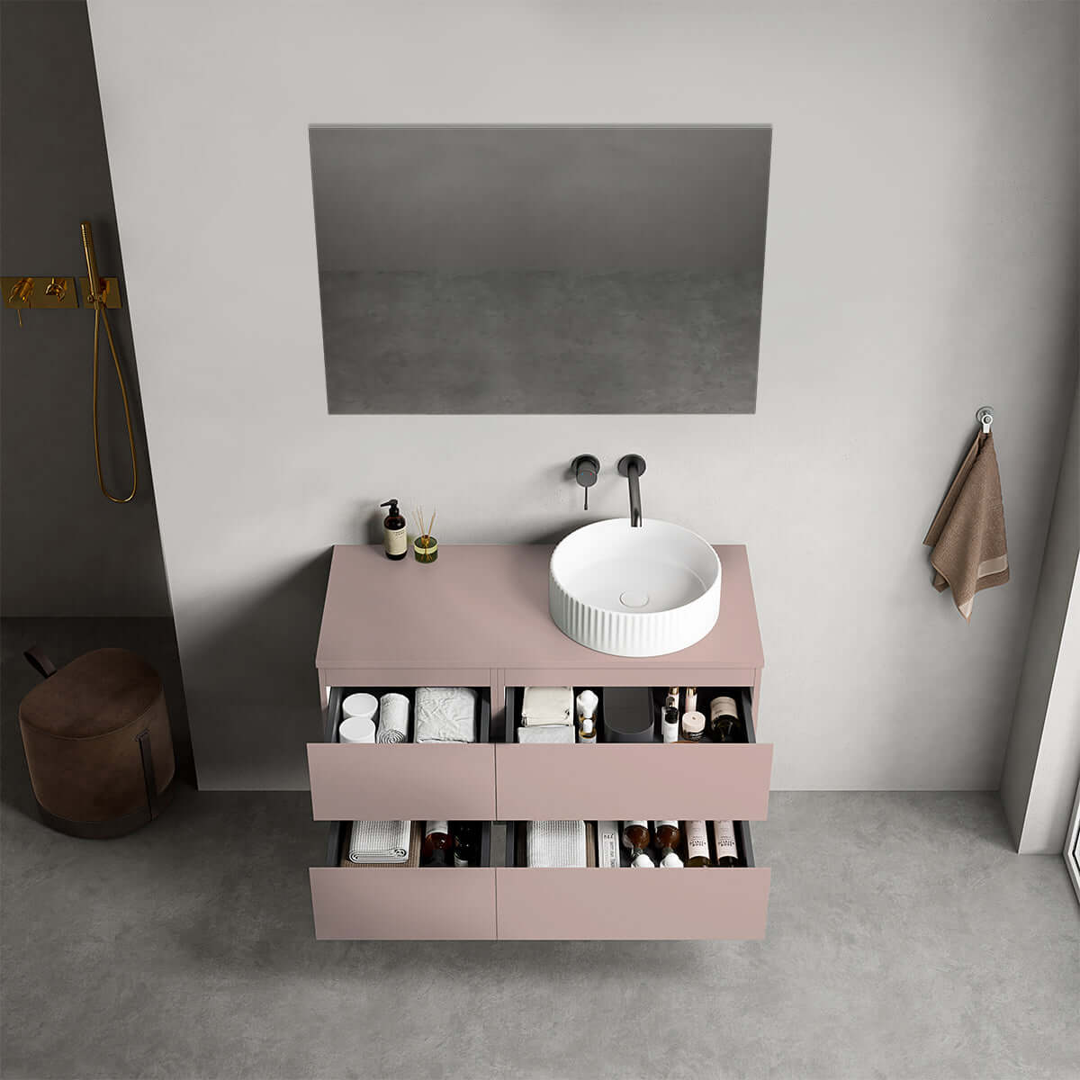 Mobile bagno sospeso reversibile  100 cm Rosa Retrò per Lavabo d'appoggio Specchio Quadro - Fiji Paint