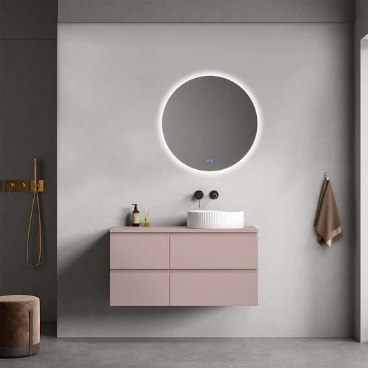 Mobile bagno sospeso reversibile  100 cm Rosa Retrò per Lavabo d'appoggio Specchio Tondo Retroilluminato - Fiji Paint