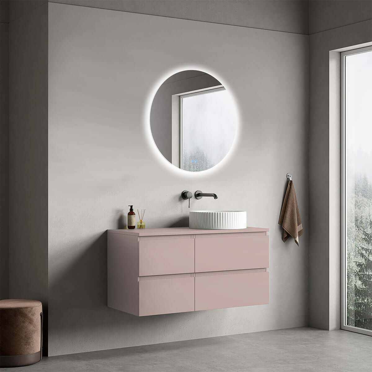 Mobile bagno sospeso reversibile  100 cm Rosa Retrò per Lavabo d'appoggio Specchio Tondo Retroilluminato - Fiji Paint