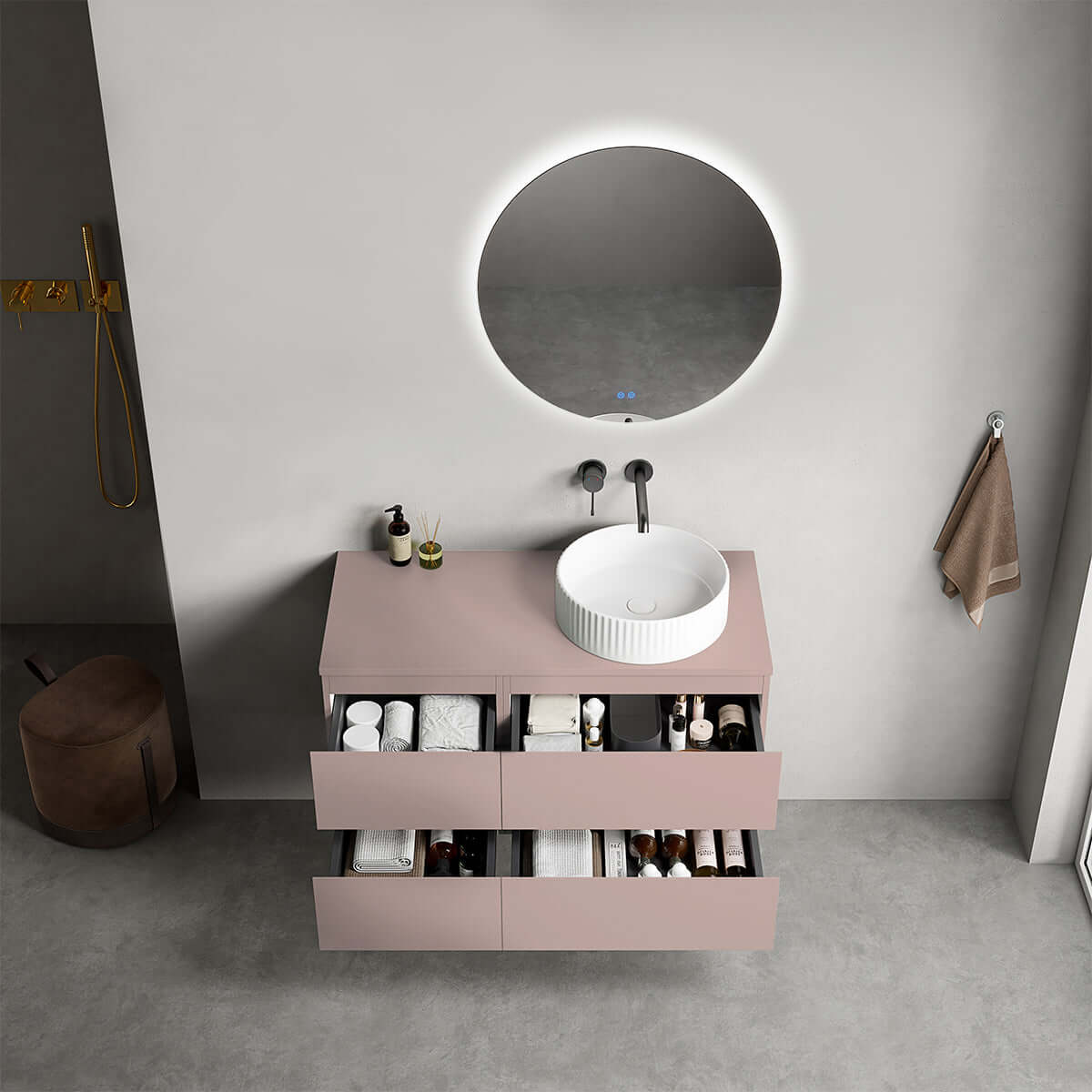 Mobile bagno sospeso reversibile  100 cm Rosa Retrò per Lavabo d'appoggio Specchio Tondo Retroilluminato - Fiji Paint