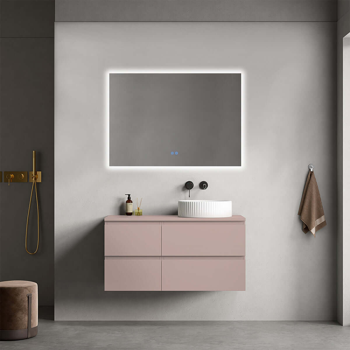 Mobile bagno sospeso reversibile  100 cm Rosa Retrò per Lavabo d'appoggio Specchio Quadro Retroilluminato - Fiji Paint