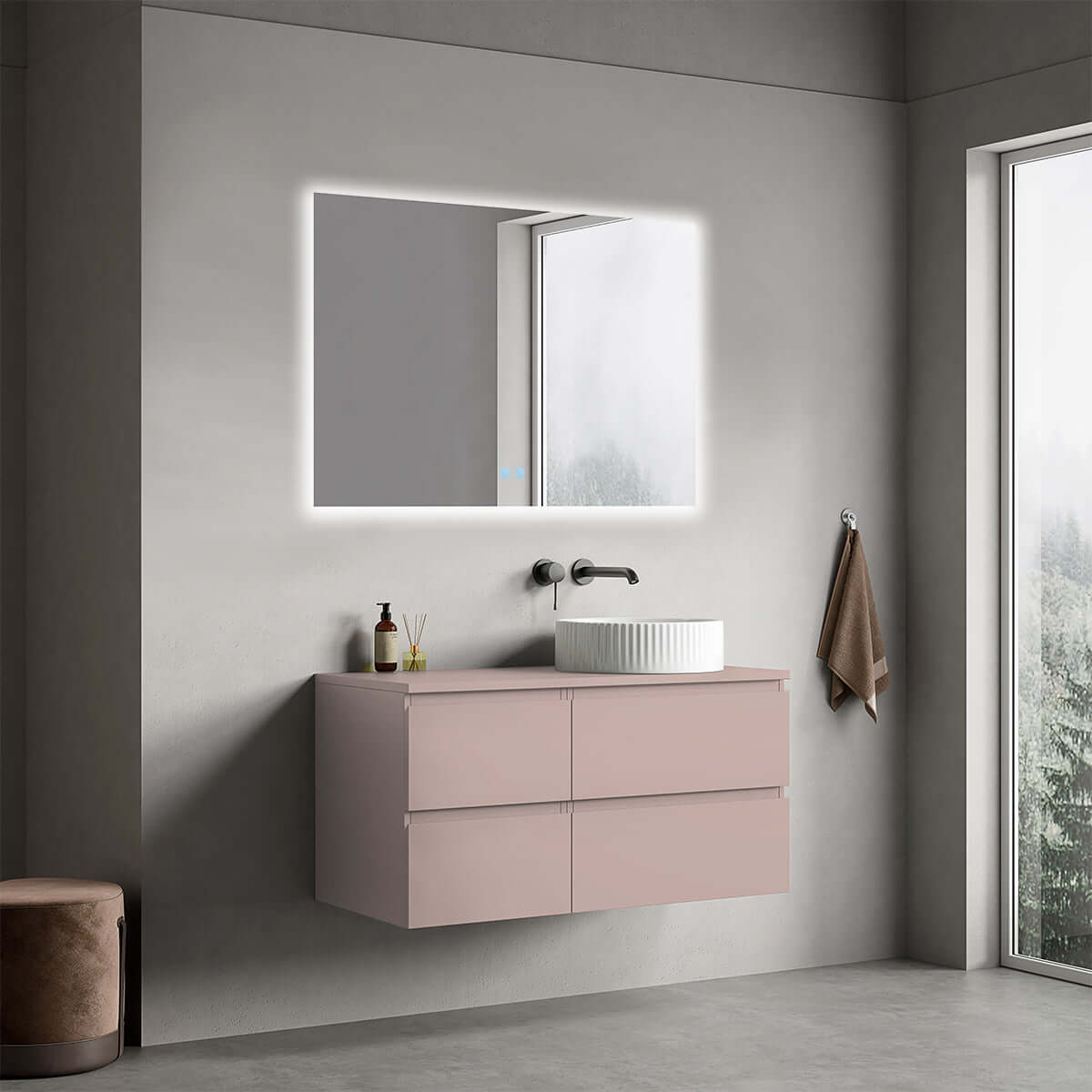 Mobile bagno sospeso reversibile  100 cm Rosa Retrò per Lavabo d'appoggio Specchio Quadro Retroilluminato - Fiji Paint