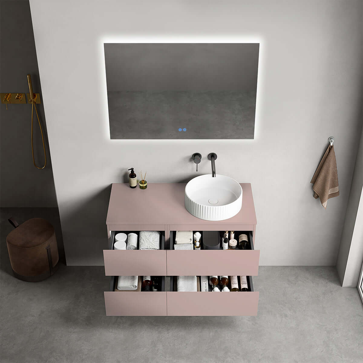 Mobile bagno sospeso reversibile  100 cm Rosa Retrò per Lavabo d'appoggio Specchio Quadro Retroilluminato - Fiji Paint
