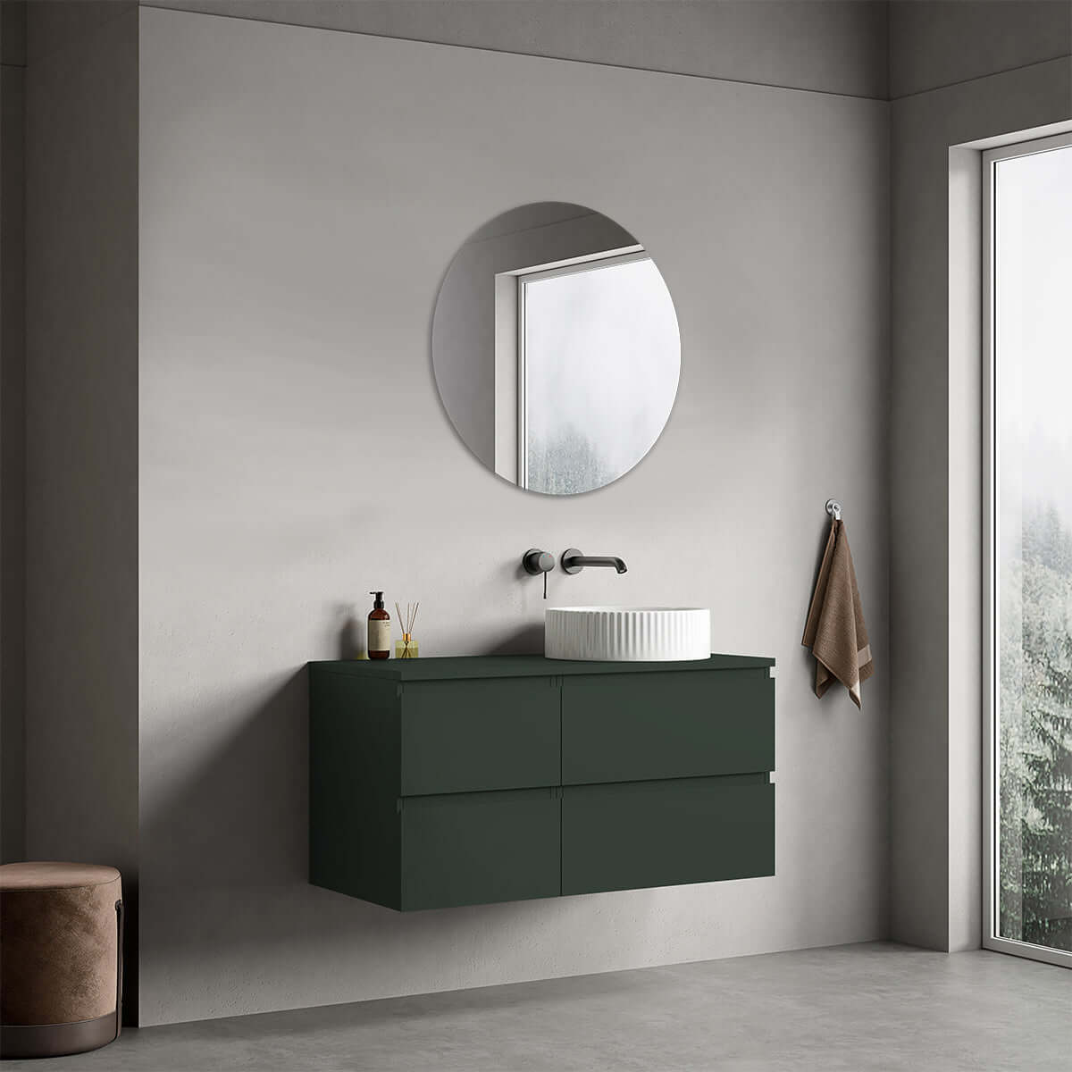 Mobile bagno sospeso reversibile  100 cm Verde Comodoro  per Lavabo d'appoggio Specchio Tondo - Fiji Paint