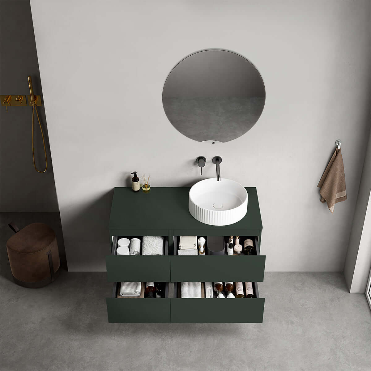 Mobile bagno sospeso reversibile  100 cm Verde Comodoro  per Lavabo d'appoggio Specchio Tondo - Fiji Paint