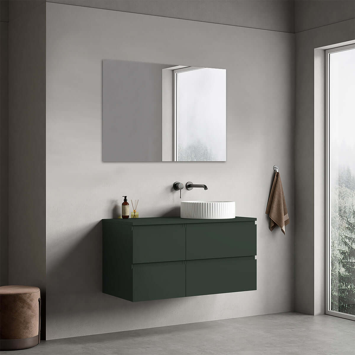 Mobile bagno sospeso reversibile  100 cm Verde Comodoro  per Lavabo d'appoggio Specchio Quadro - Fiji Paint