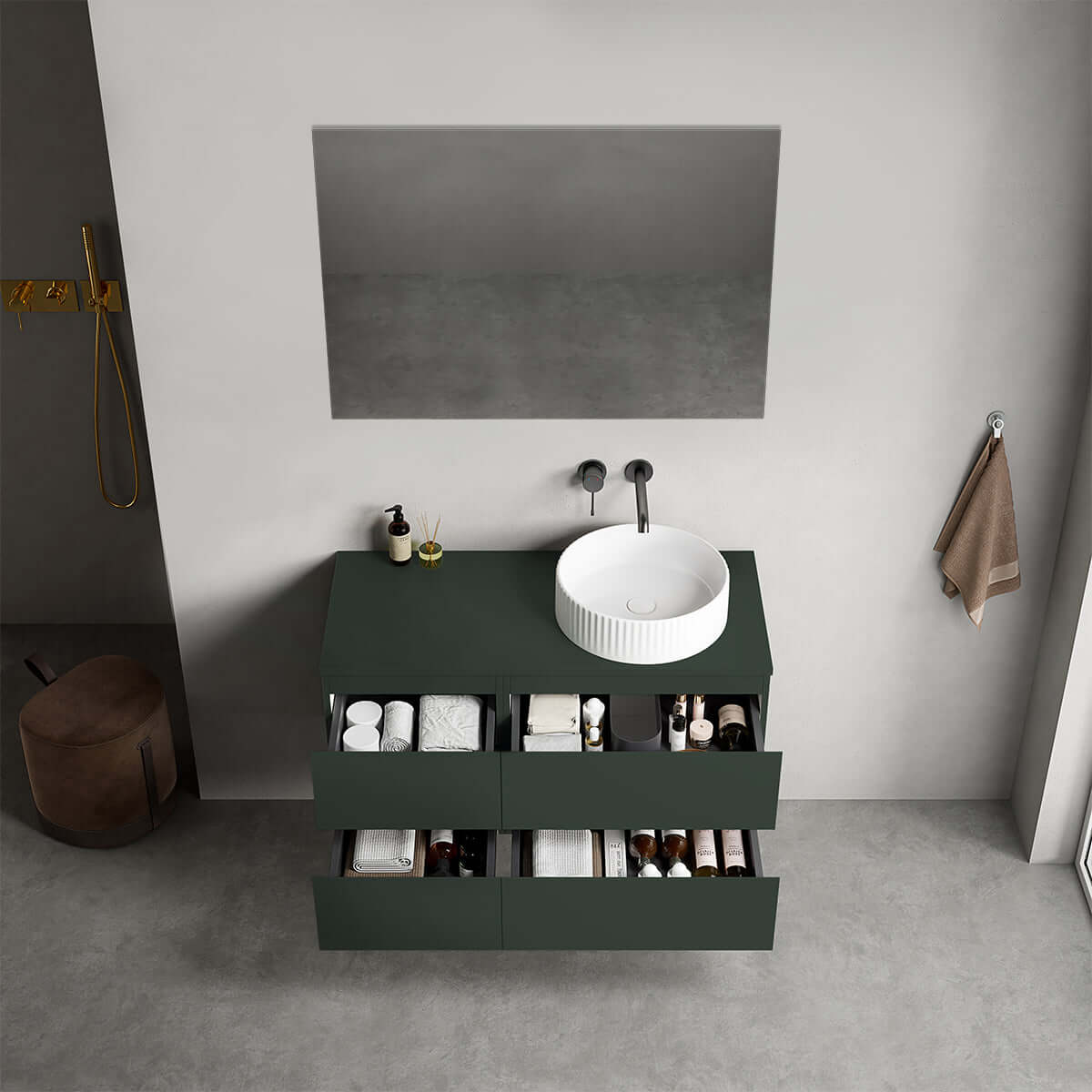 Mobile bagno sospeso reversibile  100 cm Verde Comodoro  per Lavabo d'appoggio Specchio Quadro - Fiji Paint