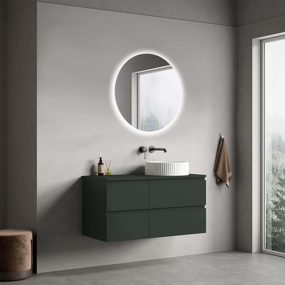 Mobile bagno sospeso reversibile  100 cm Verde Comodoro  per Lavabo d'appoggio Specchio Tondo Retroilluminato - Fiji Paint