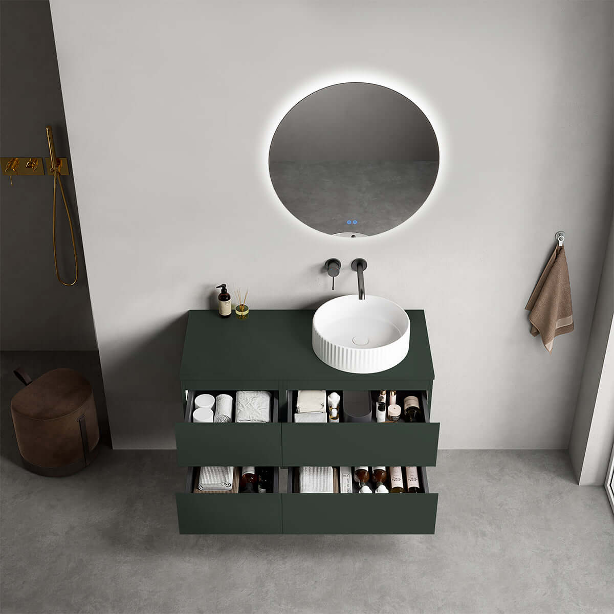 Mobile bagno sospeso reversibile  100 cm Verde Comodoro  per Lavabo d'appoggio Specchio Tondo Retroilluminato - Fiji Paint