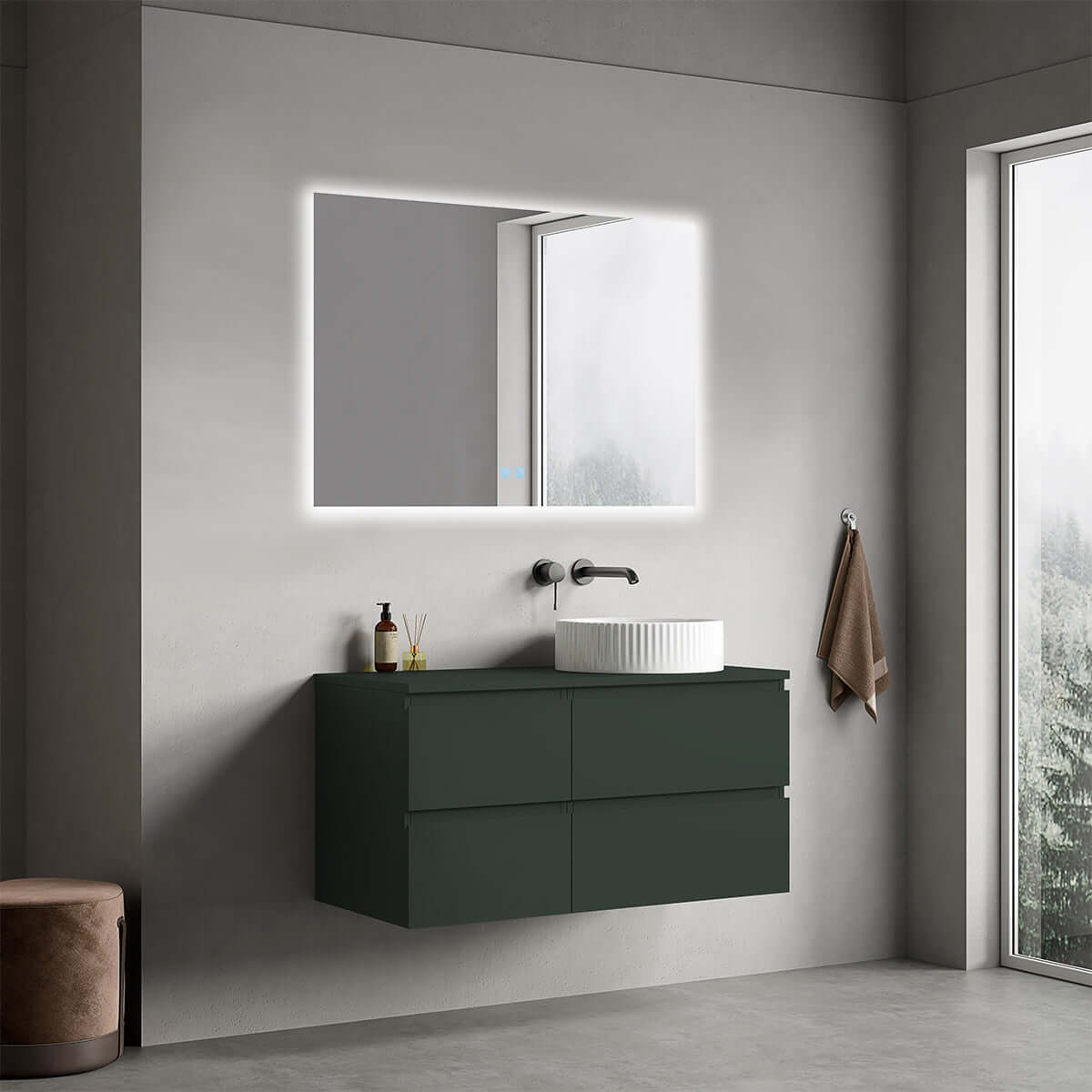 Mobile bagno sospeso reversibile  100 cm Verde Comodoro  per Lavabo d'appoggio Specchio Quadro Retroilluminato - Fiji Paint