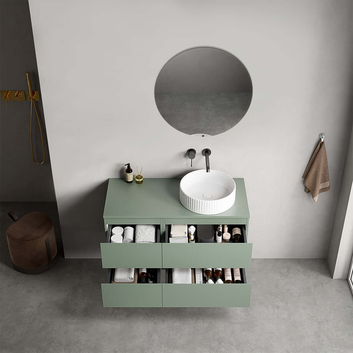 Mobile bagno sospeso reversibile  100 cm Verde Salvia per Lavabo d'appoggio Specchio Tondo - Fiji Paint