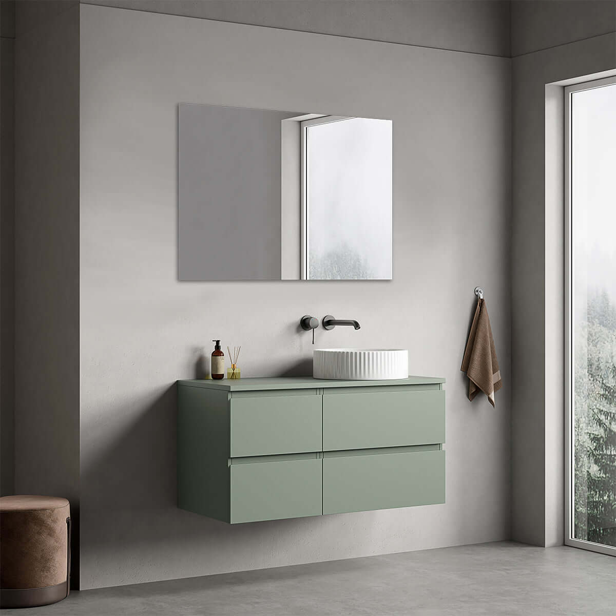 Mobile bagno sospeso reversibile  100 cm Verde Salvia per Lavabo d'appoggio Specchio Quadro - Fiji Paint