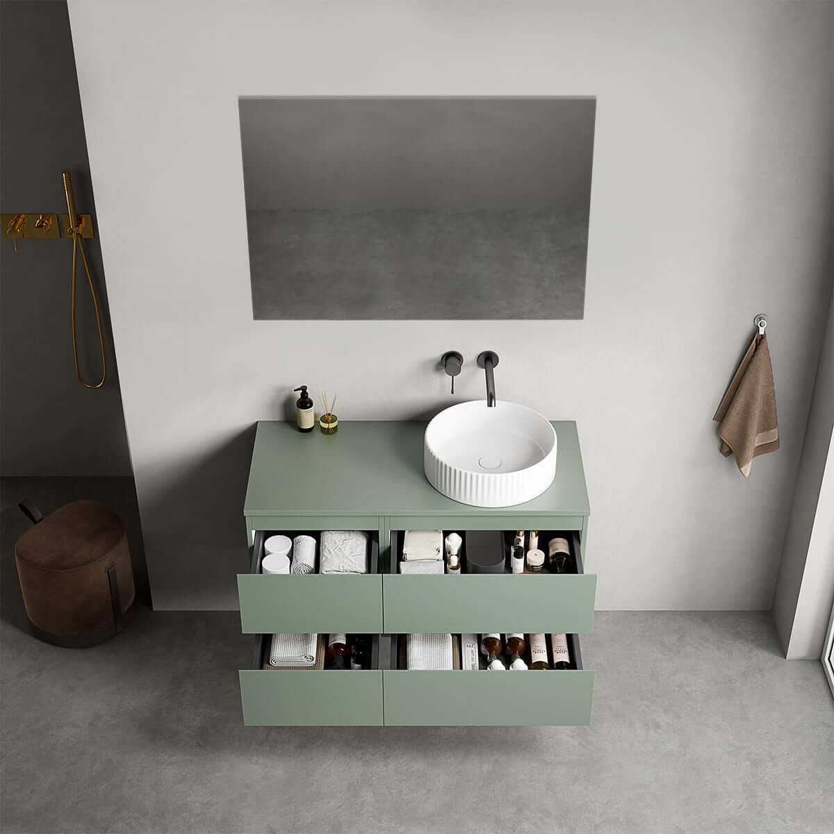 Mobile bagno sospeso reversibile  100 cm Verde Salvia per Lavabo d'appoggio Specchio Quadro - Fiji Paint