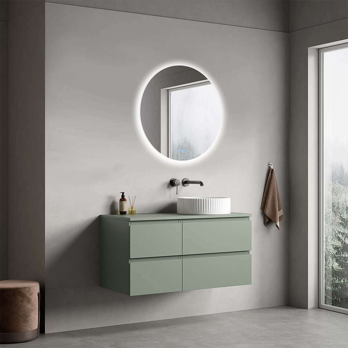 Mobile bagno sospeso reversibile  100 cm Verde Salvia per Lavabo d'appoggio Specchio Tondo Retroilluminato - Fiji Paint