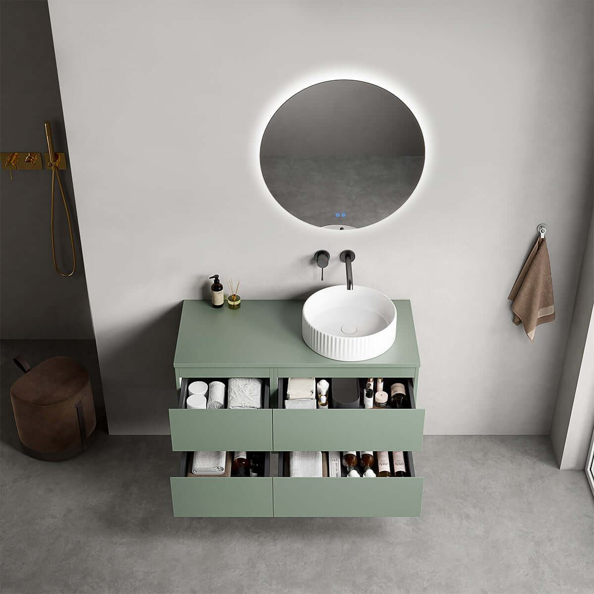 Mobile bagno sospeso reversibile  100 cm Verde Salvia per Lavabo d'appoggio Specchio Tondo Retroilluminato - Fiji Paint