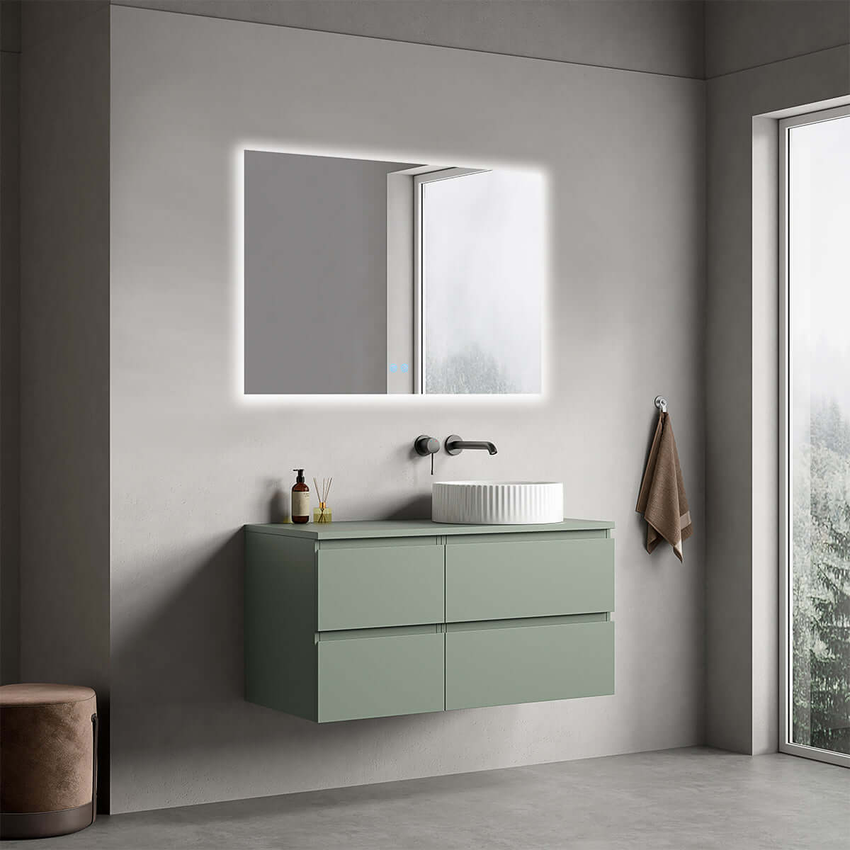 Mobile bagno sospeso reversibile  100 cm Verde Salvia per Lavabo d'appoggio Specchio Quadro Retroilluminato - Fiji Paint