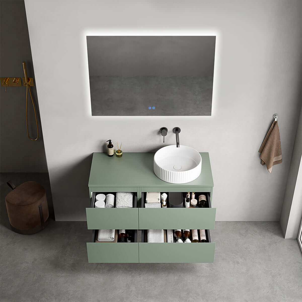 Mobile bagno sospeso reversibile  100 cm Verde Salvia per Lavabo d'appoggio Specchio Quadro Retroilluminato - Fiji Paint