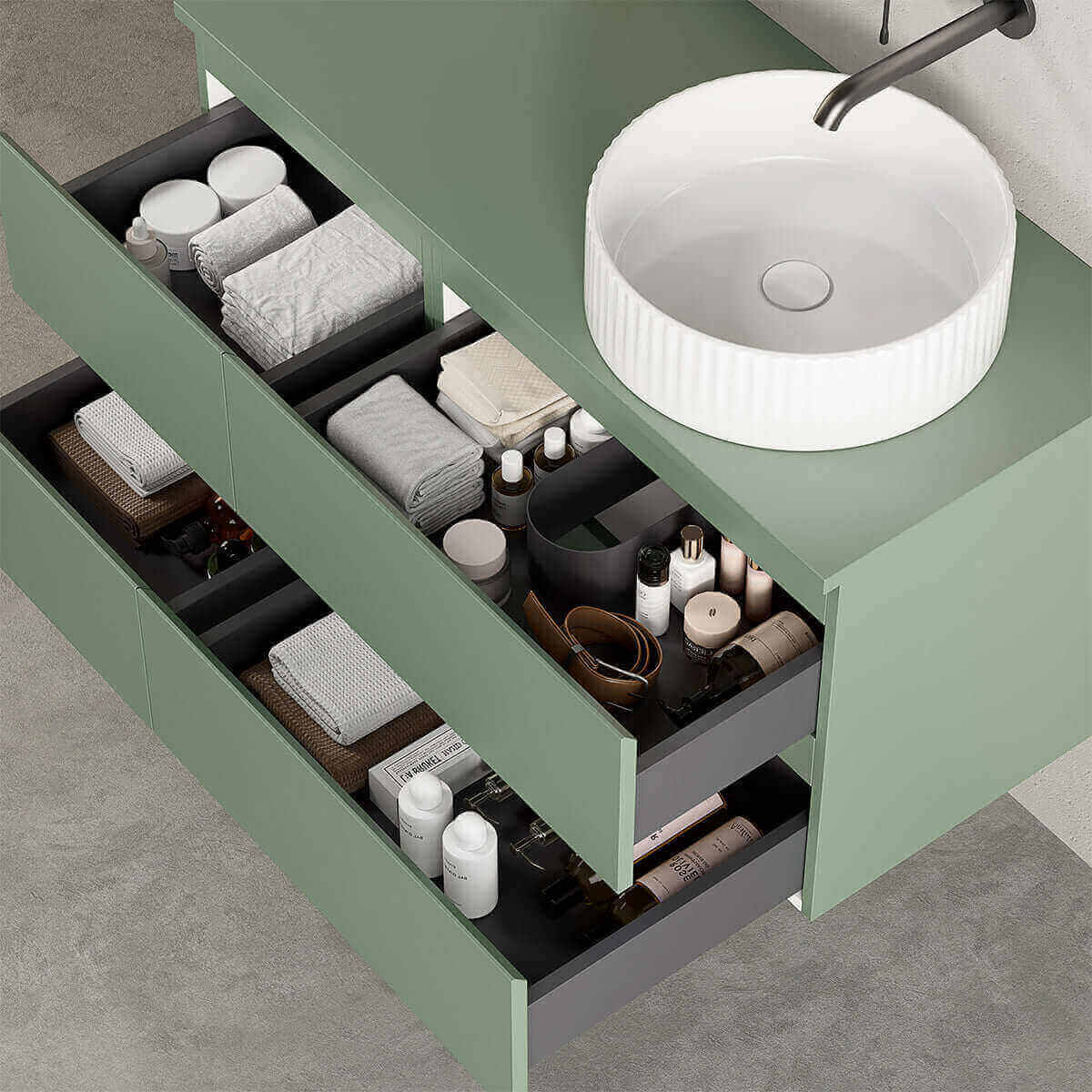 Mobile bagno sospeso reversibile  100 cm Verde Salvia per Lavabo d'appoggio Specchio Tondo Retroilluminato - Fiji Paint