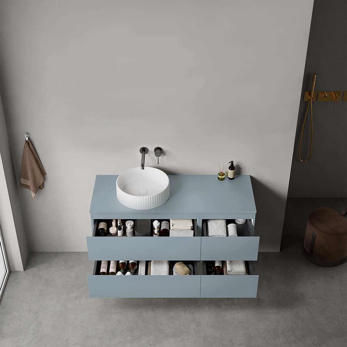 Mobile bagno sospeso reversibile  120 cm Blu Avio per Lavabo d'appoggio Senza Specchio - Fiji Paint
