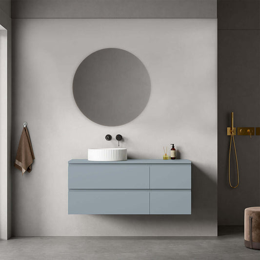 Mobile bagno sospeso reversibile  120 cm Blu Avio per Lavabo d'appoggio Specchio Tondo - Fiji Paint