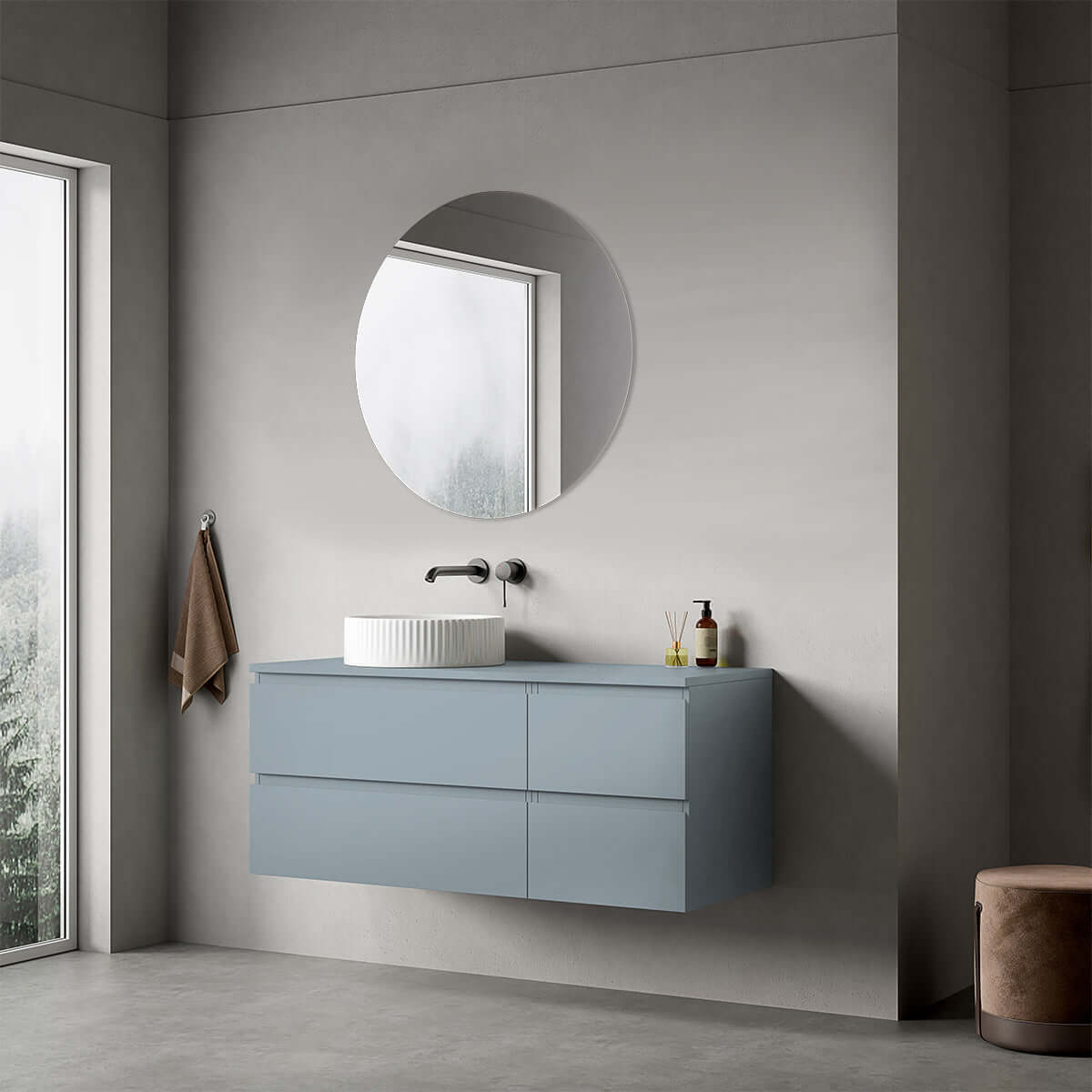 Mobile bagno sospeso reversibile  120 cm Blu Avio per Lavabo d'appoggio Specchio Tondo - Fiji Paint