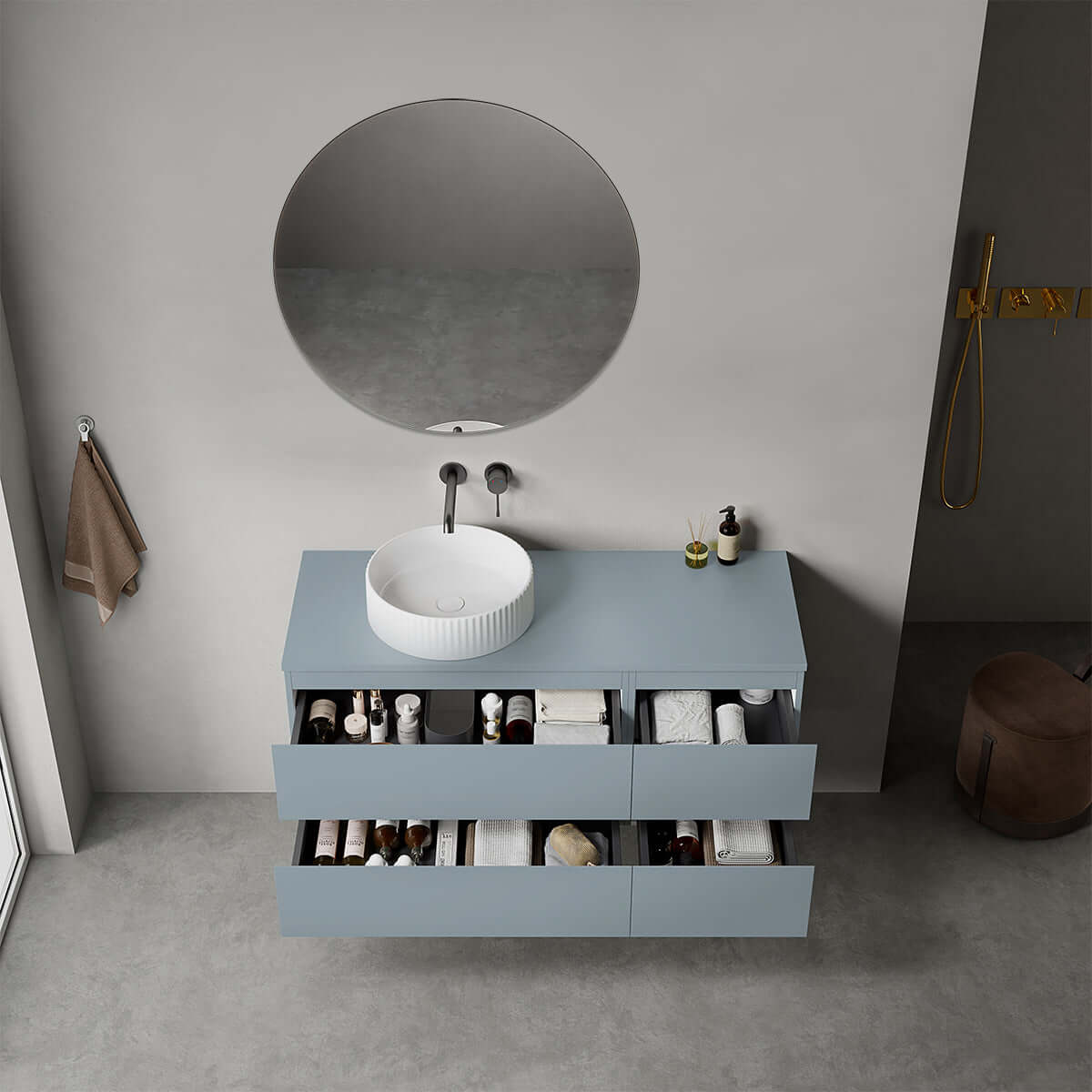 Mobile bagno sospeso reversibile  120 cm Blu Avio per Lavabo d'appoggio Specchio Tondo - Fiji Paint