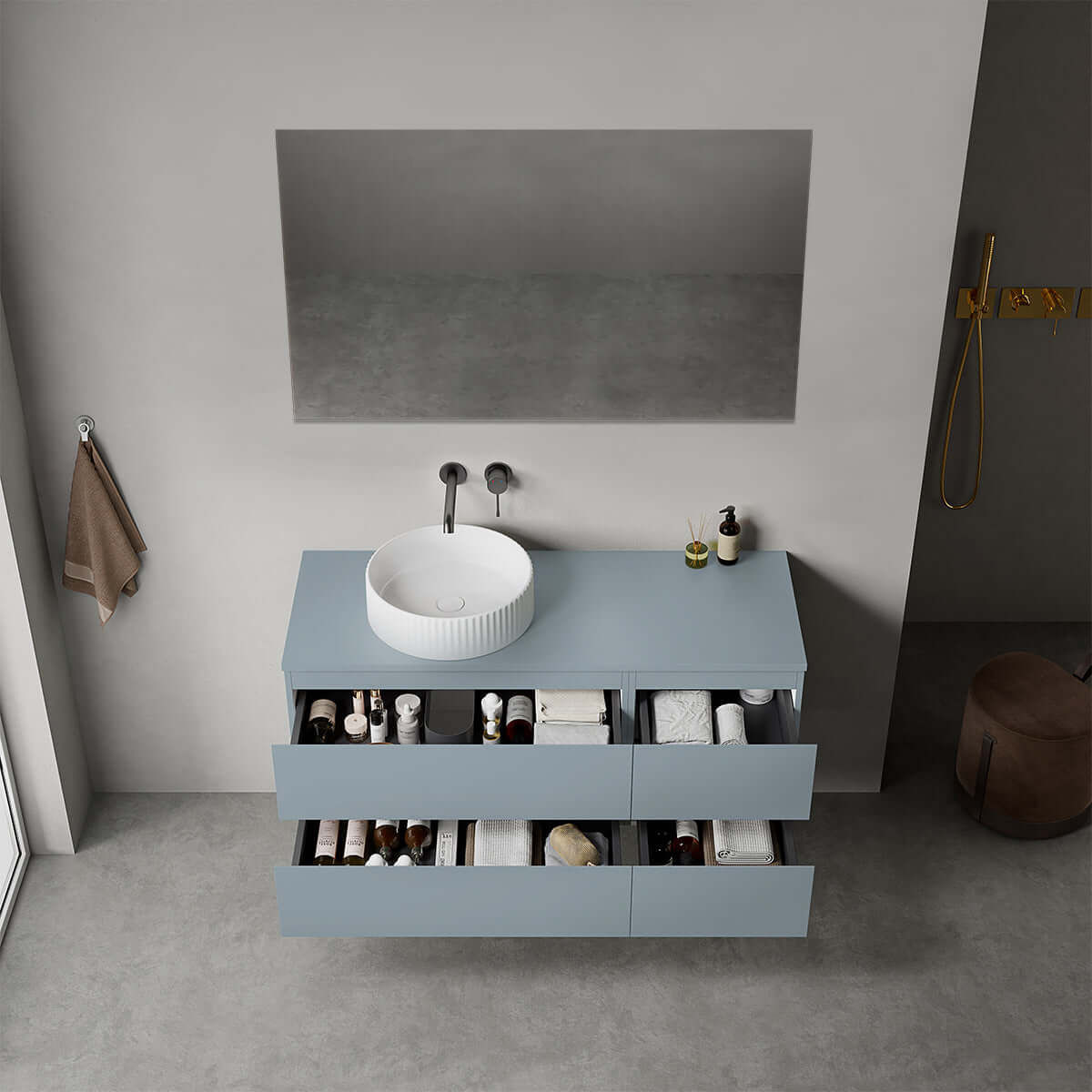 Mobile bagno sospeso reversibile  120 cm Blu Avio per Lavabo d'appoggio Specchio Quadro - Fiji Paint