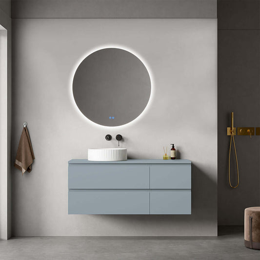 Mobile bagno sospeso reversibile  120 cm Blu Avio per Lavabo d'appoggio Specchio Tondo Retroilluminato - Fiji Paint