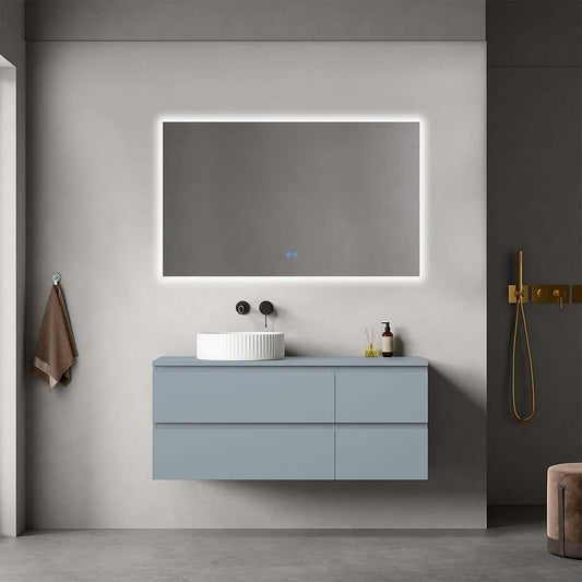 Mobile bagno sospeso reversibile  120 cm Blu Avio per Lavabo d'appoggio Specchio Quadro Retroilluminato - Fiji Paint