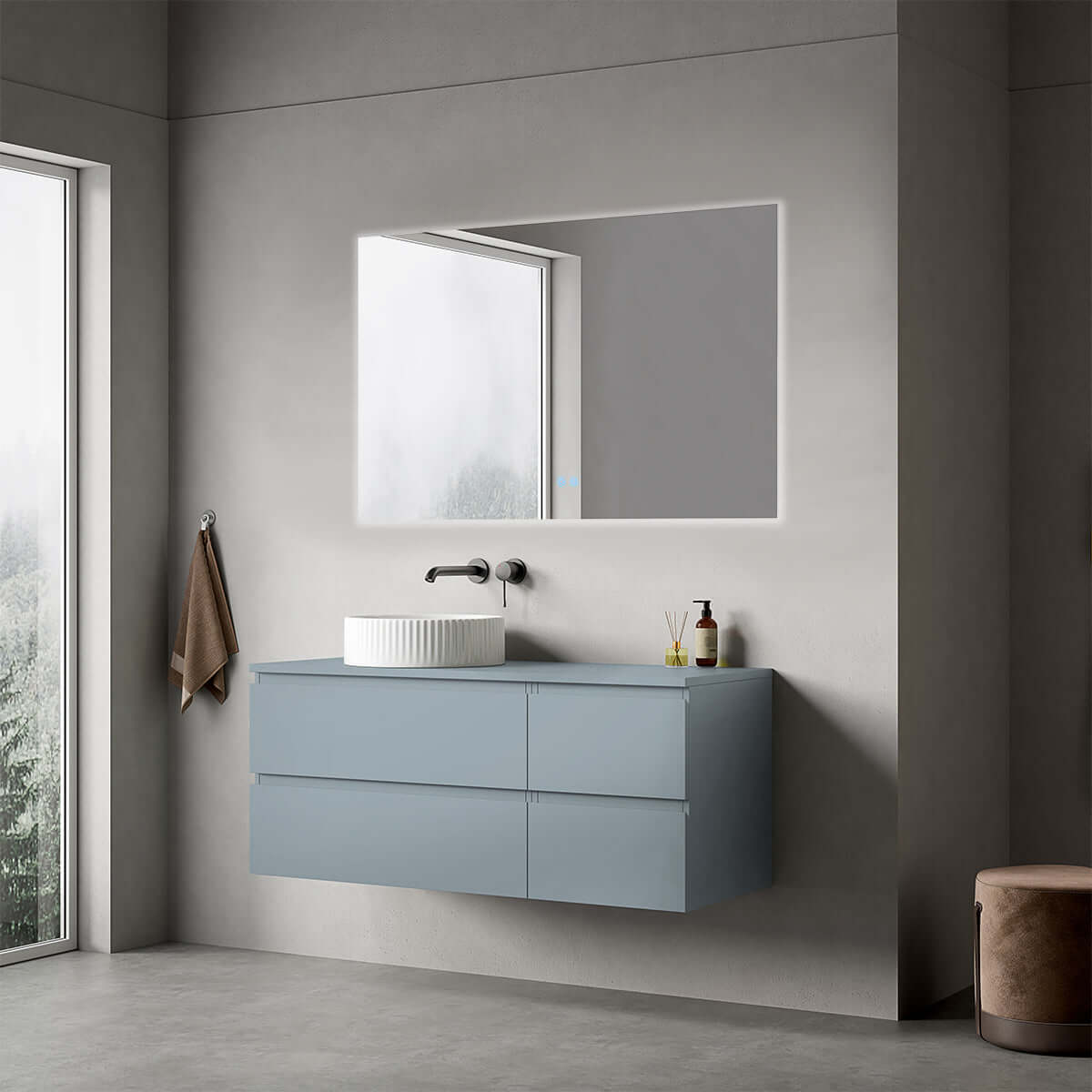Mobile bagno sospeso reversibile  120 cm Blu Avio per Lavabo d'appoggio Specchio Quadro Retroilluminato - Fiji Paint