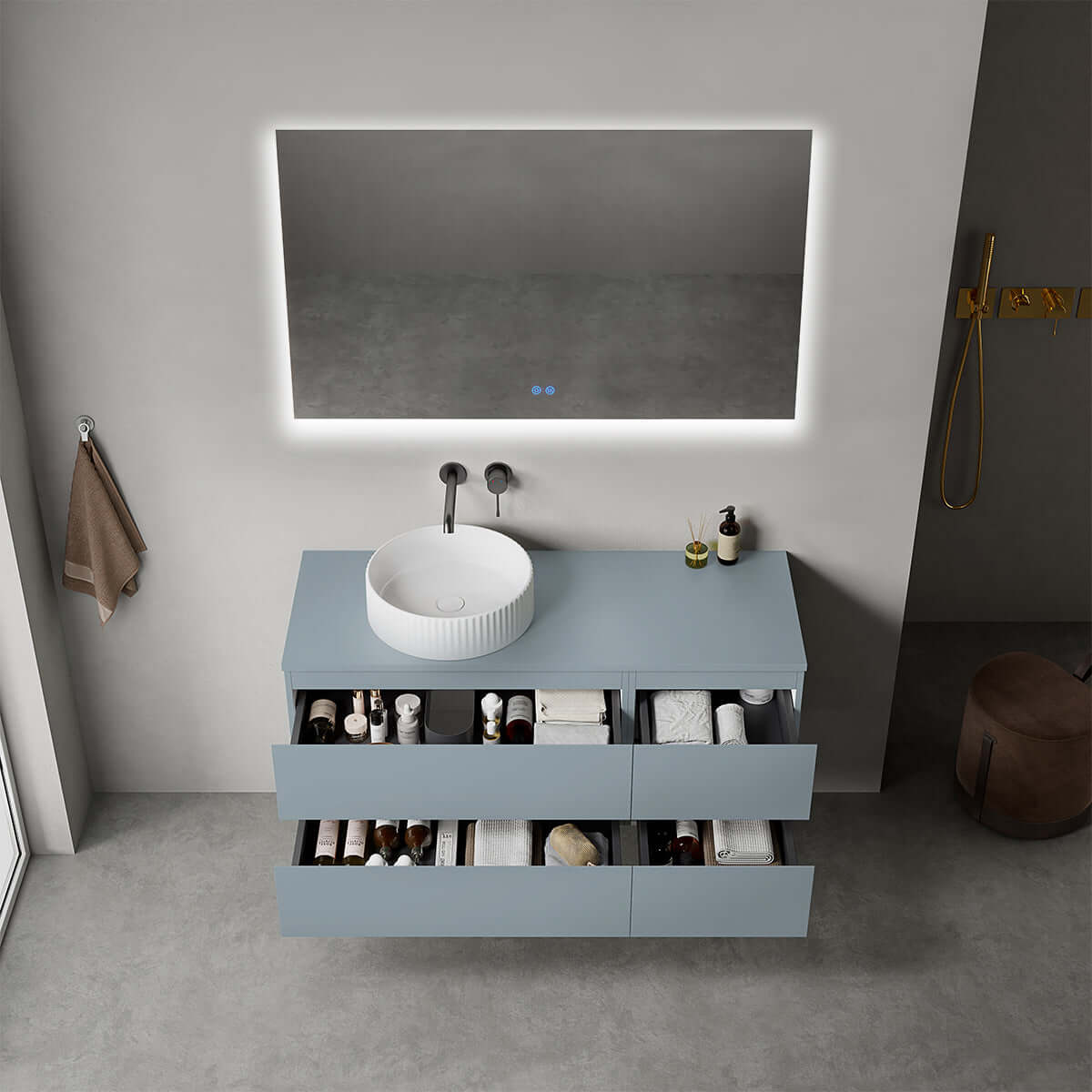 Mobile bagno sospeso reversibile  120 cm Blu Avio per Lavabo d'appoggio Specchio Quadro Retroilluminato - Fiji Paint