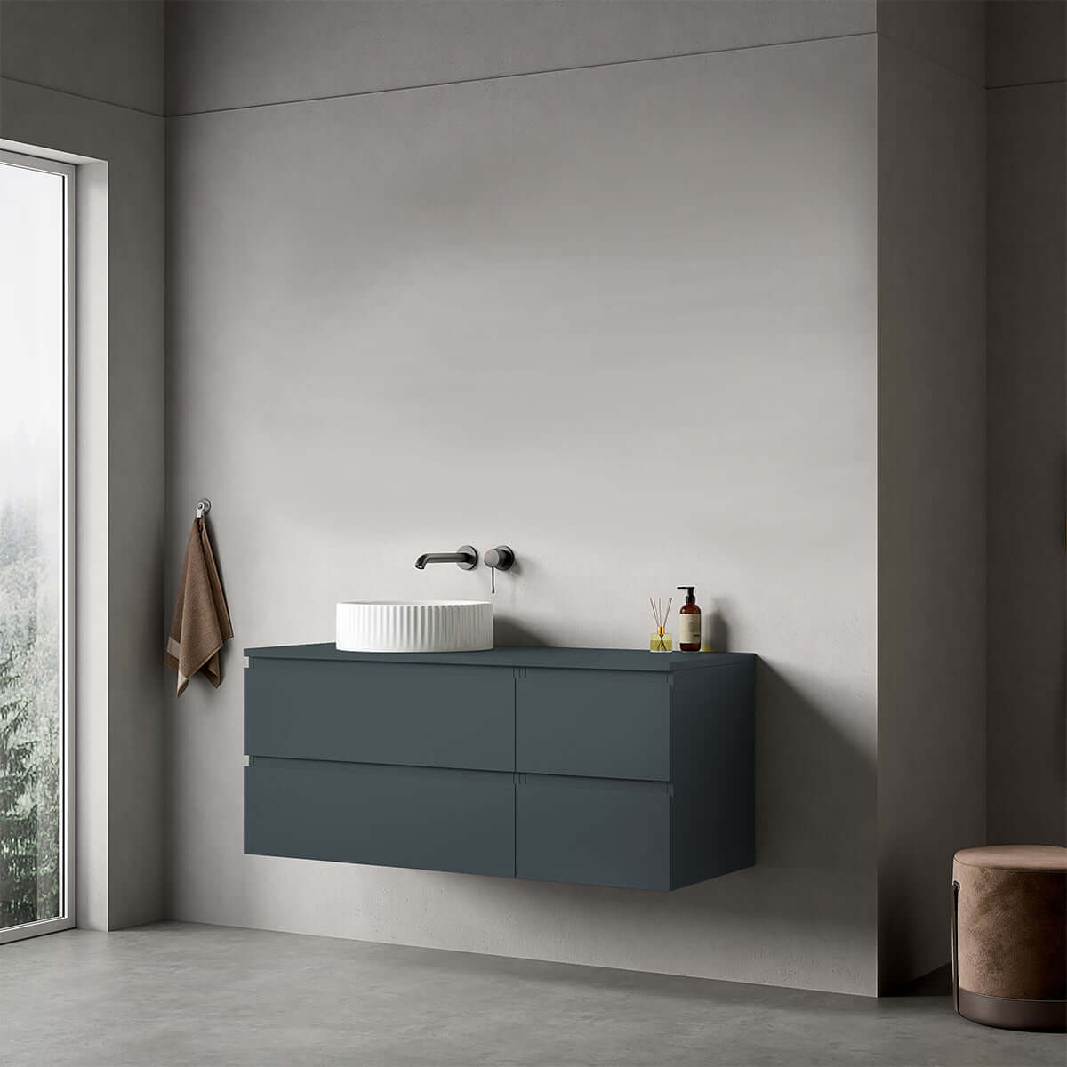Mobile bagno sospeso reversibile  120 cm Blu Mare per Lavabo d'appoggio Senza Specchio - Fiji Paint