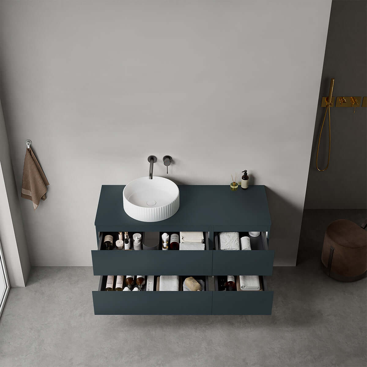 Mobile bagno sospeso reversibile  120 cm Blu Mare per Lavabo d'appoggio Senza Specchio - Fiji Paint