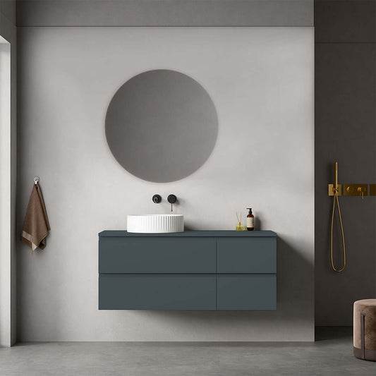 Mobile bagno sospeso reversibile  120 cm Blu Mare per Lavabo d'appoggio Specchio Tondo - Fiji Paint