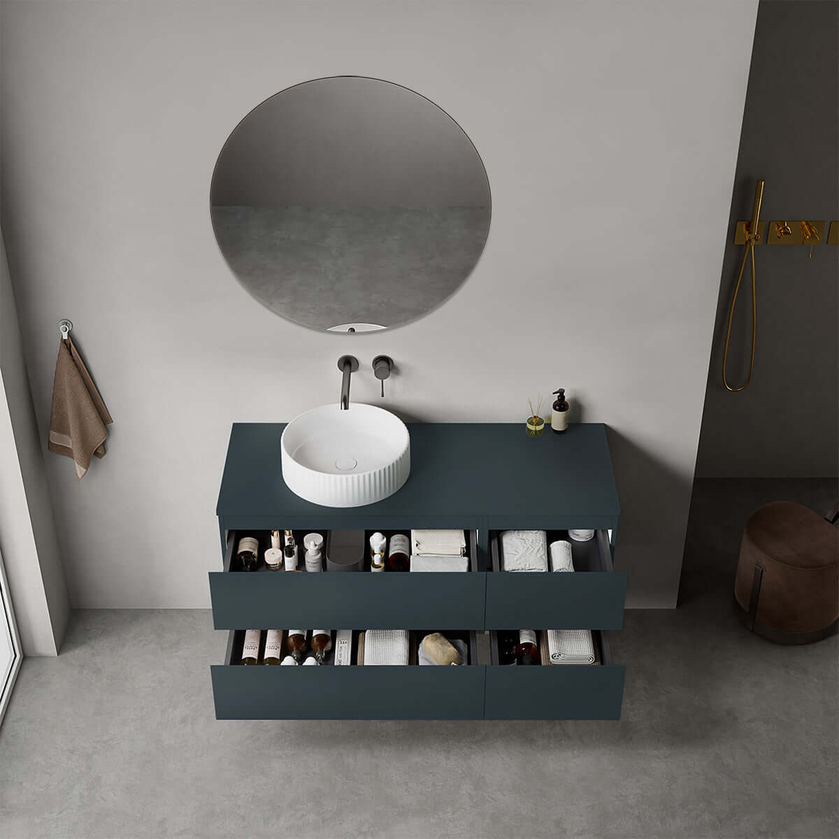 Mobile bagno sospeso reversibile  120 cm Blu Mare per Lavabo d'appoggio Specchio Tondo - Fiji Paint