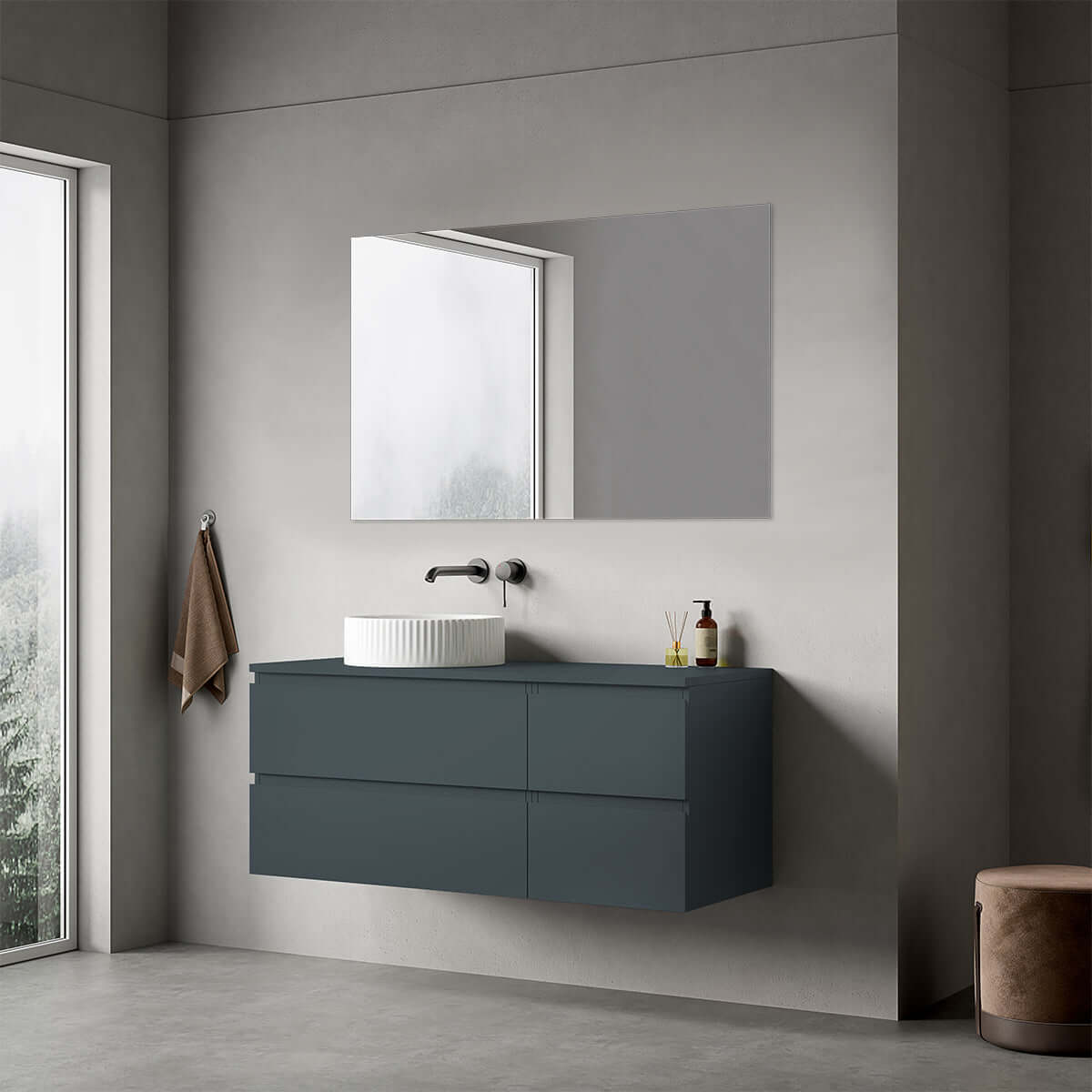 Mobile bagno sospeso reversibile  120 cm Blu Mare per Lavabo d'appoggio Specchio Quadro - Fiji Paint