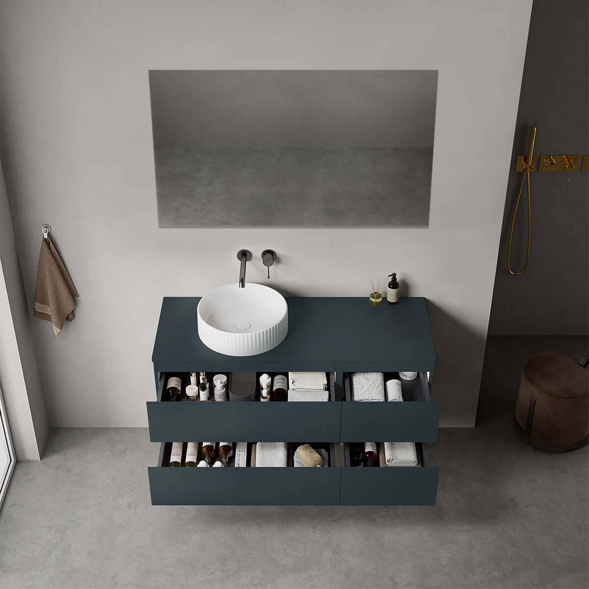 Mobile bagno sospeso reversibile  120 cm Blu Mare per Lavabo d'appoggio Specchio Quadro - Fiji Paint