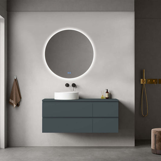 Mobile bagno sospeso reversibile  120 cm Blu Mare per Lavabo d'appoggio Specchio Tondo Retroilluminato - Fiji Paint