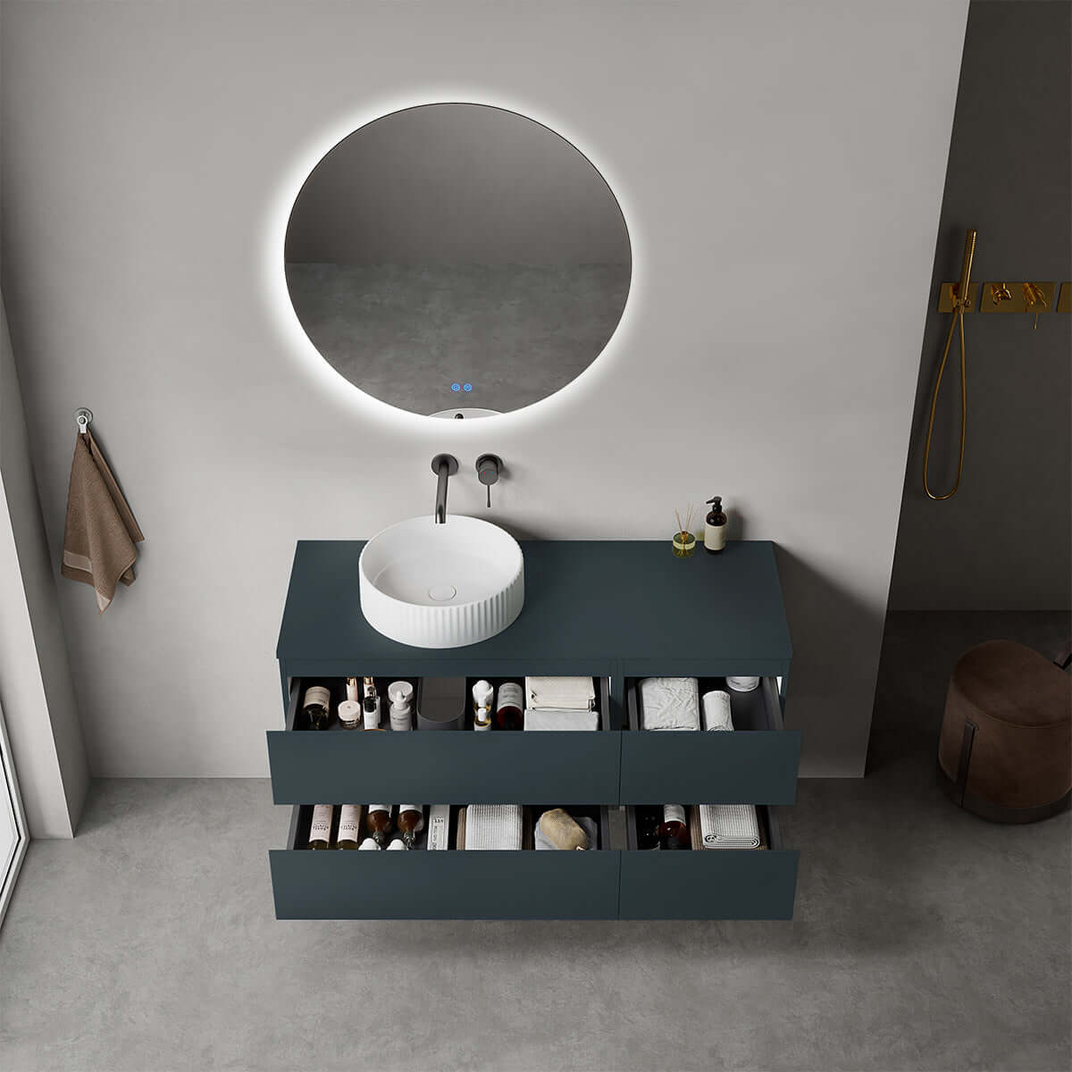 Mobile bagno sospeso reversibile  120 cm Blu Mare per Lavabo d'appoggio Specchio Tondo Retroilluminato - Fiji Paint