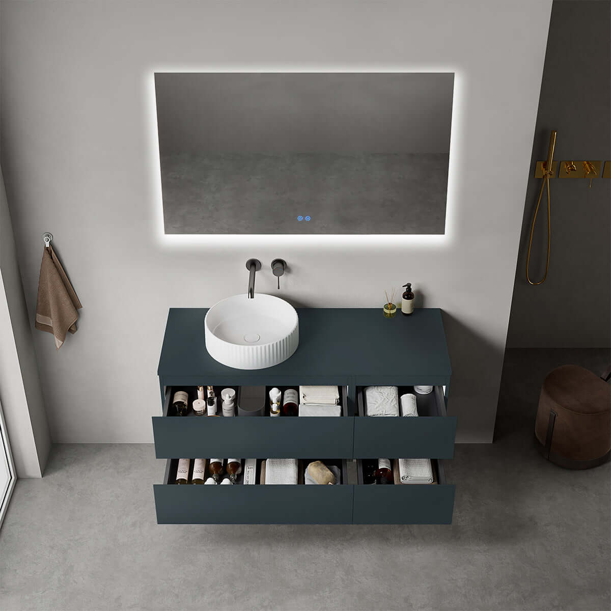 Mobile bagno sospeso reversibile  120 cm Blu Mare per Lavabo d'appoggio Specchio Quadro Retroilluminato - Fiji Paint