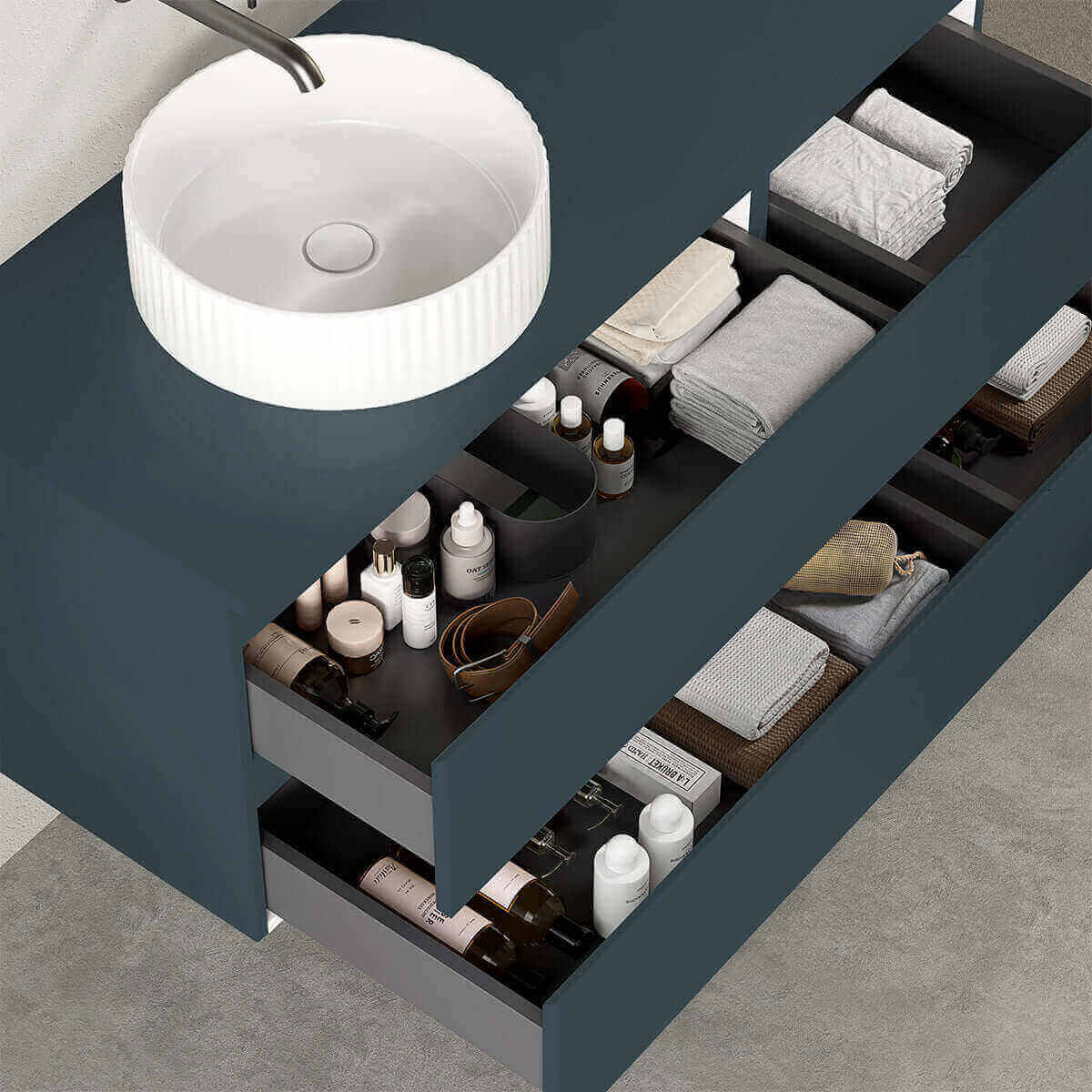 Mobile bagno sospeso reversibile  120 cm Blu Mare per Lavabo d'appoggio Specchio Tondo Retroilluminato - Fiji Paint