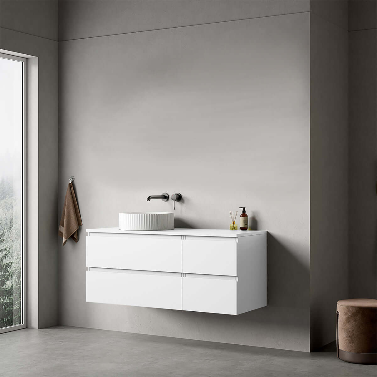 Mobile bagno sospeso reversibile  120 cm Bianco Opaco per Lavabo d'appoggio Senza Specchio - Fiji Paint