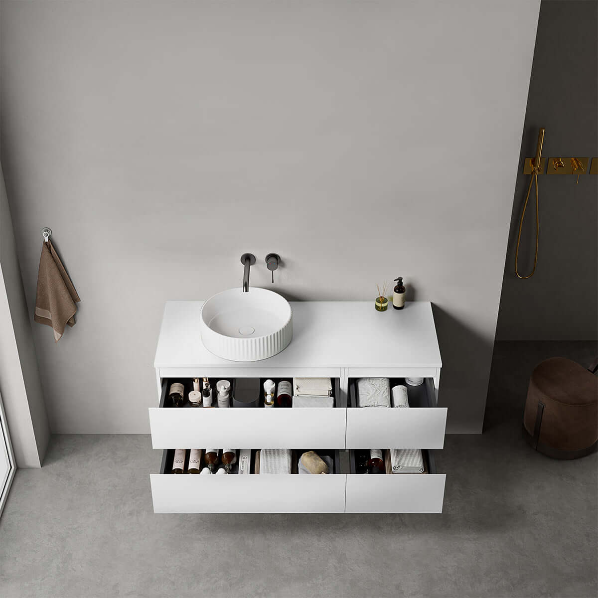Mobile bagno sospeso reversibile  120 cm Bianco Opaco per Lavabo d'appoggio Senza Specchio - Fiji Paint