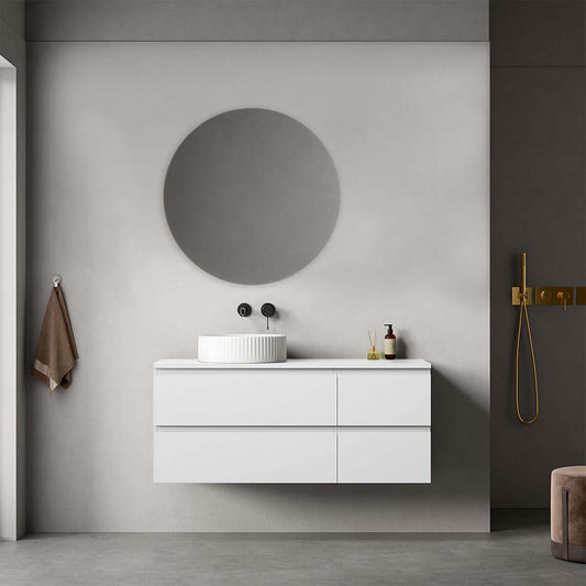 Mobile bagno sospeso reversibile  120 cm Bianco Opaco per Lavabo d'appoggio Specchio Tondo - Fiji Paint