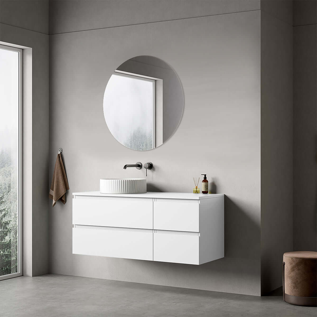 Mobile bagno sospeso reversibile  120 cm Bianco Opaco per Lavabo d'appoggio Specchio Tondo - Fiji Paint