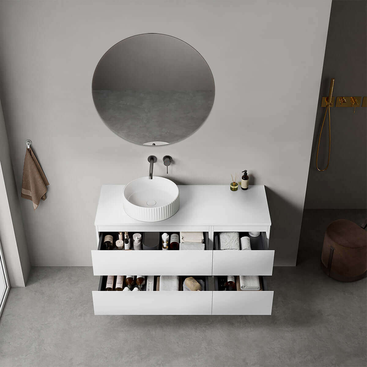Mobile bagno sospeso reversibile  120 cm Bianco Opaco per Lavabo d'appoggio Specchio Tondo - Fiji Paint