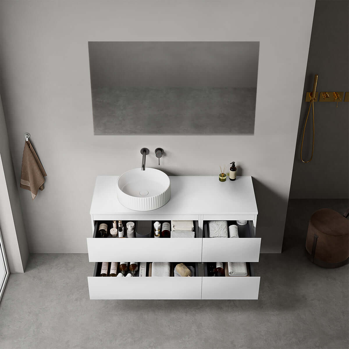 Mobile bagno sospeso reversibile  120 cm Bianco Opaco per Lavabo d'appoggio Specchio Quadro - Fiji Paint